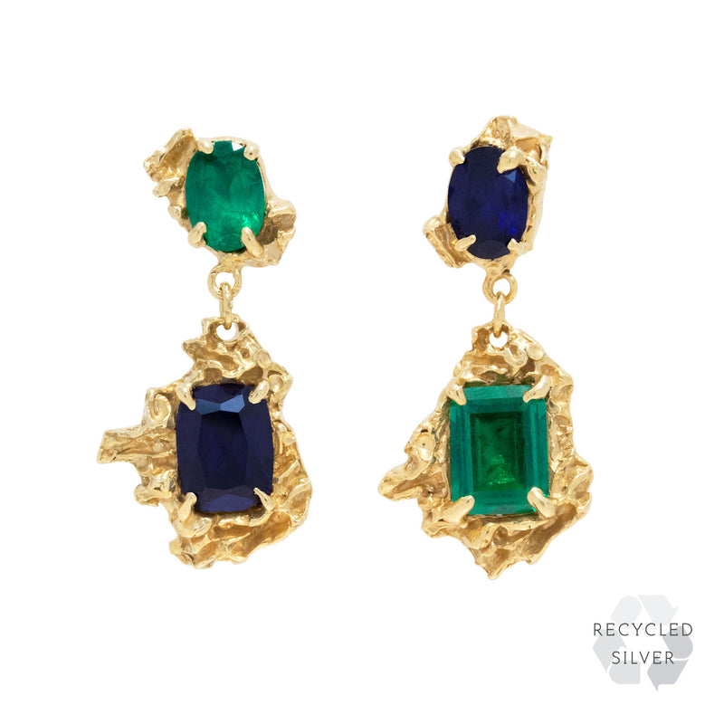 Rina Sapphire Emerald Recycled Silver Earrings