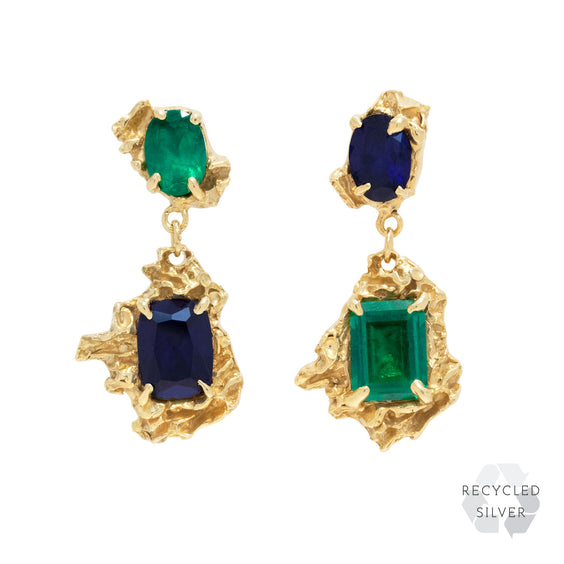 Rina Sapphire Emerald Recycled Silver Earrings