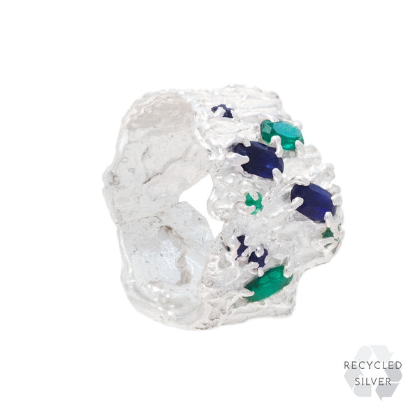 Shiitake Sapphire Emerald Argenti Recycled Silver Ring