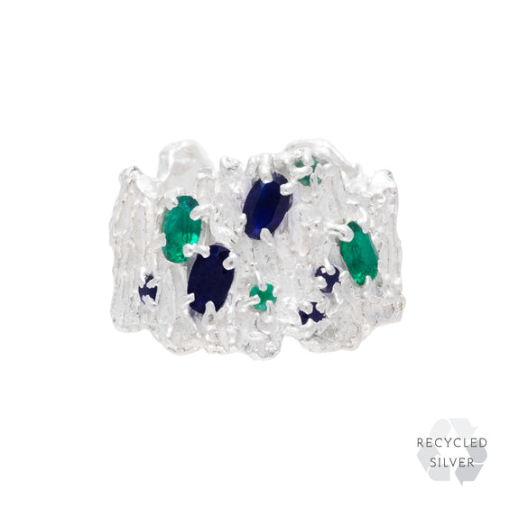 Shiitake Sapphire Emerald Argenti Recycled Silver Ring